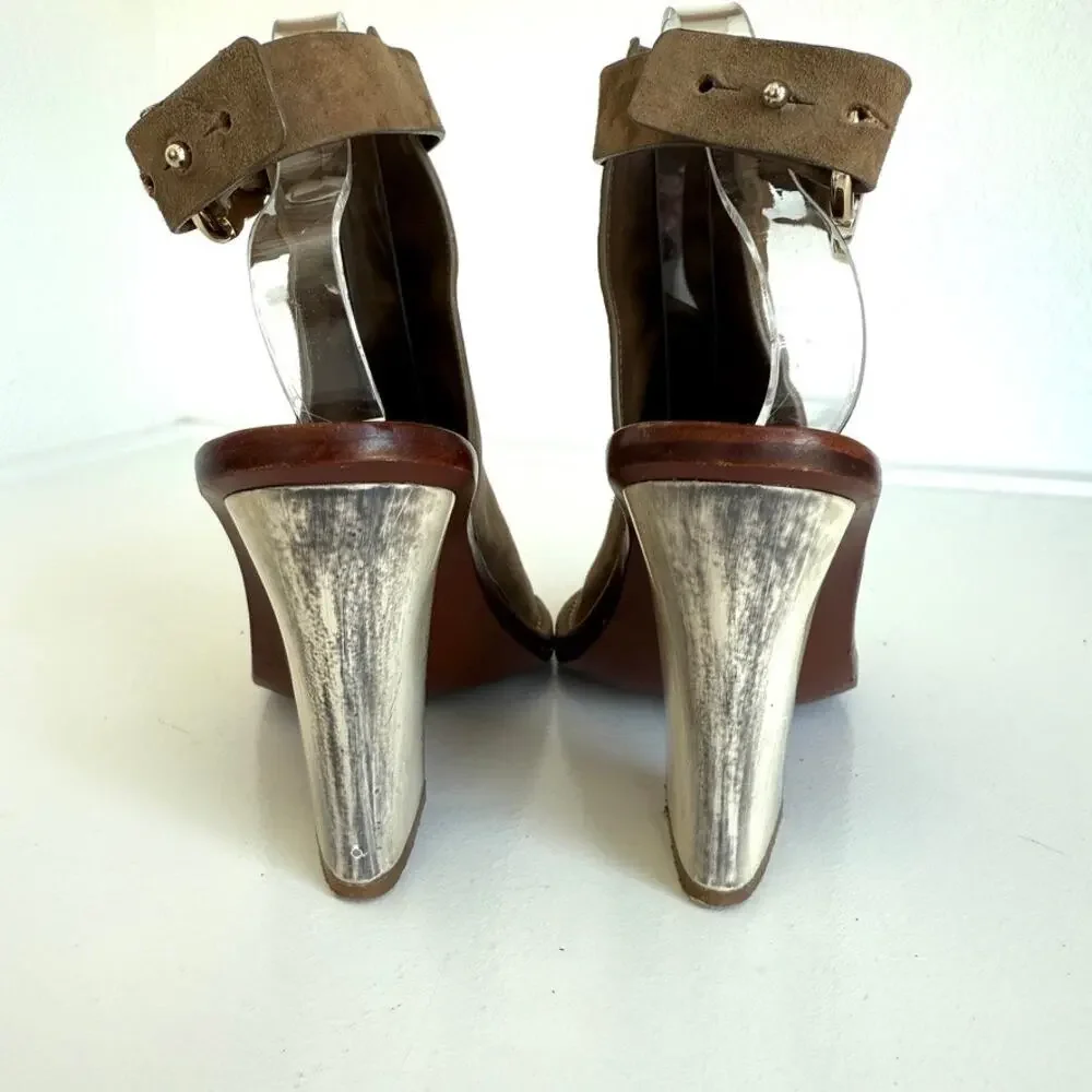 Tory Burch Gemini‎ Link Sandals Taupe Suede Block Heel Peep Toe Designer 7.5